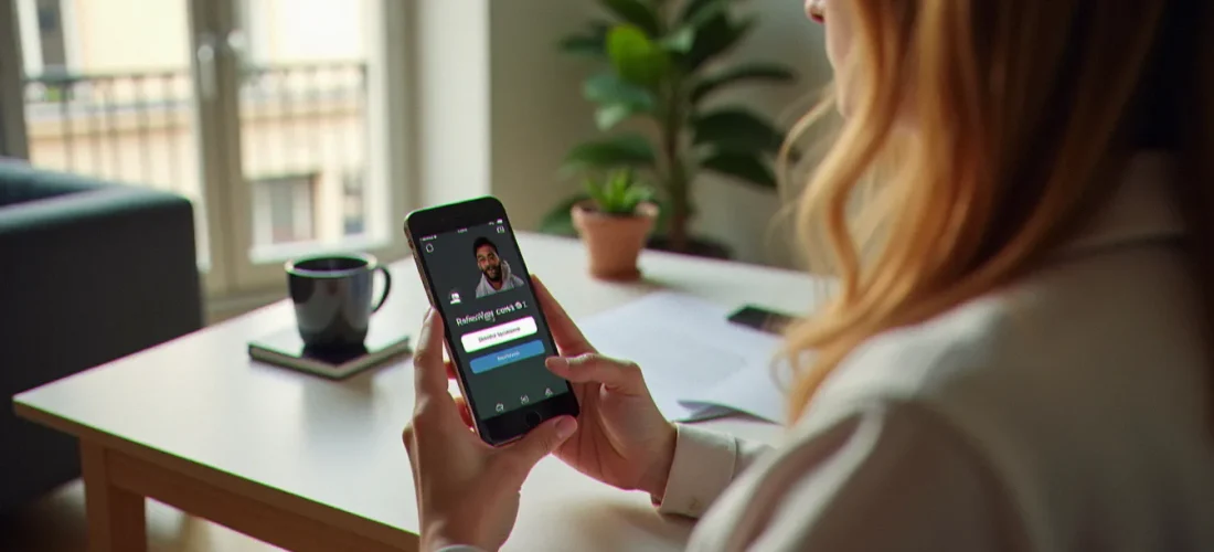 Personne utilisant un code parrainage direct assurance sur son smartphone dans un appartement parisien lumineux