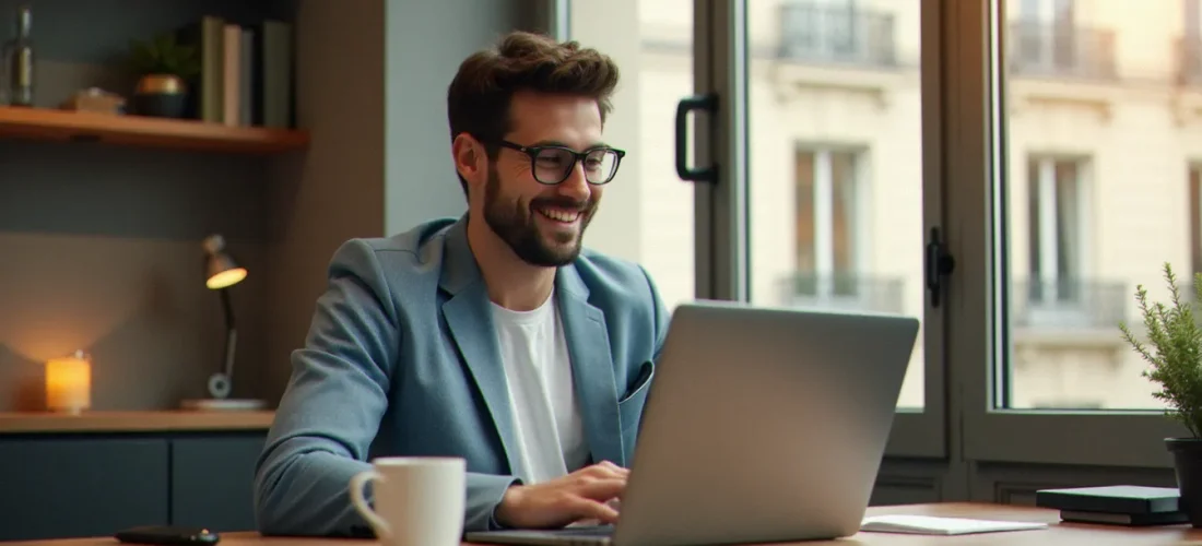 Un consultant en marketing digital consulte ses gains issus d'un code parrainage sur son ordinateur portable dans un appartement parisien