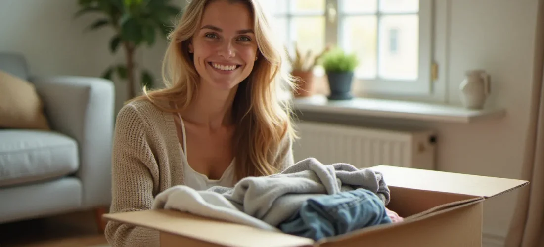 Jeune femme préparant des objets à donner via un code parrainage Geev dans un appartement parisien lumineux