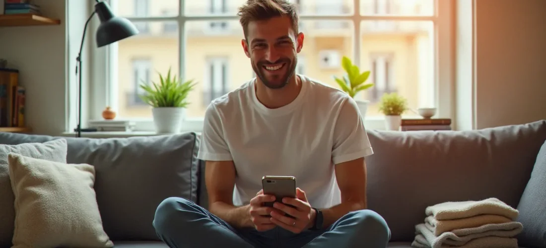 Homme souriant consultant son code parrainage Geev sur smartphone dans un appartement parisien lumineux, entouré d'objets à donner soigneusement empilés
