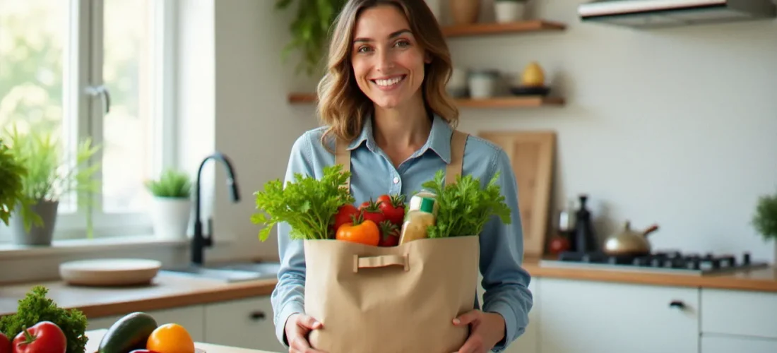 Une femme tenant un sac de courses bio rempli de produits Greenweez, illustrant l'utilisation d'un code parrainage Greenweez pour économiser sur ses achats bio