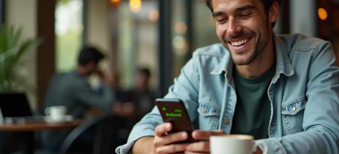 Homme consultant l'application Joko sur son smartphone dans un café parisien pour utiliser son code parrainage Joko