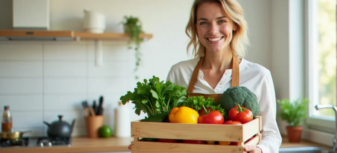 Une femme souriante tenant une caisse de légumes frais sans emballage plastique dans une cuisine moderne, illustrant une commande avec code parrainage Le Fourgon