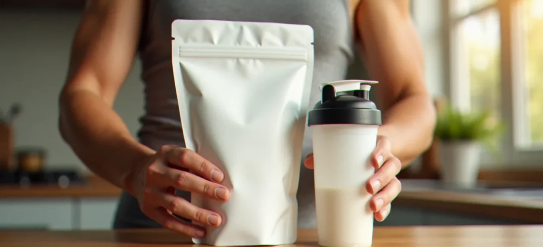 Mains tenant un sachet de protéines et un shaker MyProtein sur un plan de travail, illustrant l'univers des compléments sportifs et du code parrainage MyProtein