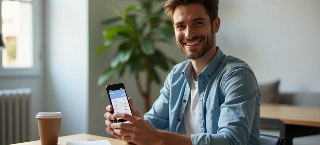 Homme consultant une application bancaire en ligne sur son téléphone pour utiliser un code parrainage N26