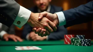 Deux joueurs de poker se serrant la main autour d'une table de jeu avec des jetons, illustrant le code parrainage PMU Poker