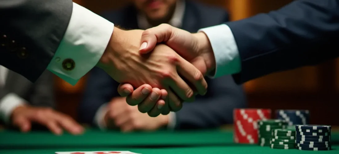 Deux joueurs de poker se serrant la main autour d'une table de jeu avec des jetons, illustrant le code parrainage PMU Poker