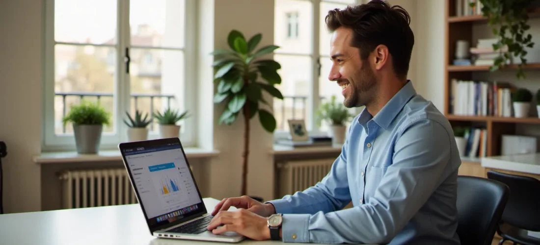 Un homme souriant consultant son tableau de bord cashback sur un ordinateur portable dans un bureau parisien, illustrant l'utilisation d'un code parrainage Poulpeo pour maximiser ses gains
