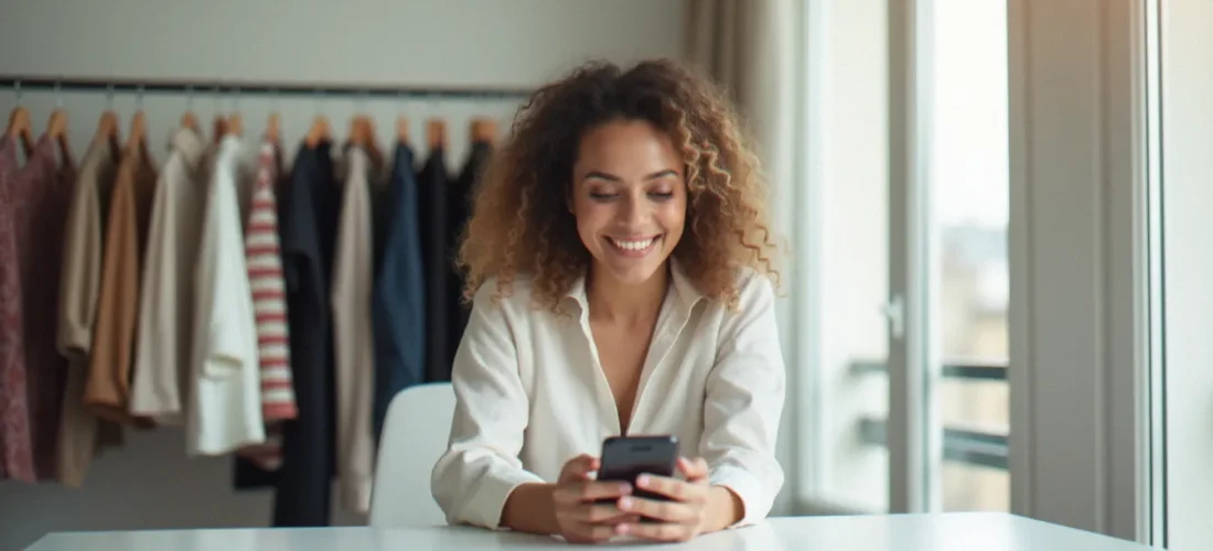 Jeune femme utilisant son smartphone pour entrer un code parrainage Shein sur une application mode, assise dans un appartement parisien lumineux