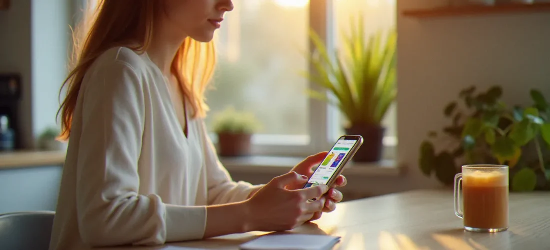 Femme utilisant une application de cashback sur smartphone pour activer un code parrainage Shopmium dans une cuisine moderne