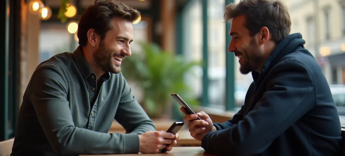 Un homme utilisant l'application de code parrainage Shopopop sur son smartphone dans un café parisien pour partager son code avec un ami