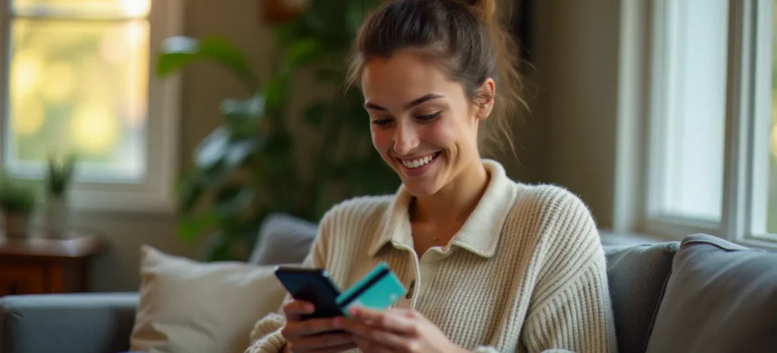 Une femme souriante utilise son smartphone pour profiter d'un code parrainage Showroomprivé lors d'un achat en ligne à domicile