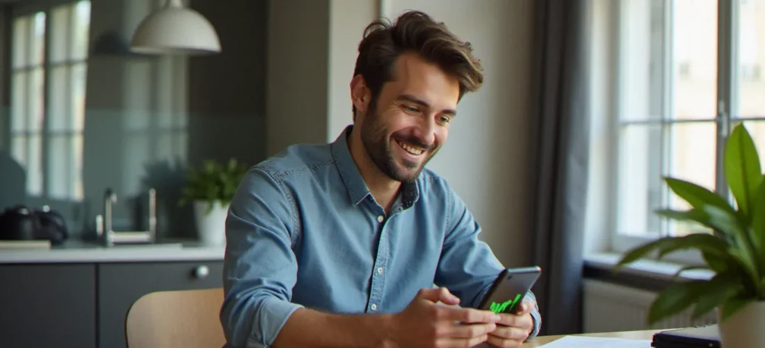 Un homme consultant son application de trading Trade Republic sur smartphone pour utiliser son code parrainage Trade Republic et recevoir une action gratuite