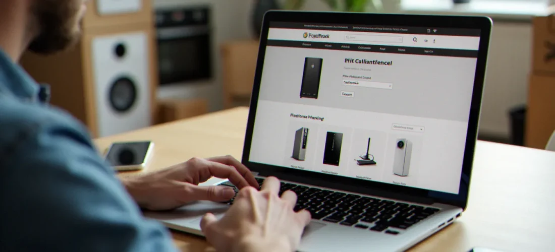 Une personne utilisant un code parrainage Ubaldi sur un site e-commerce depuis son ordinateur portable à domicile