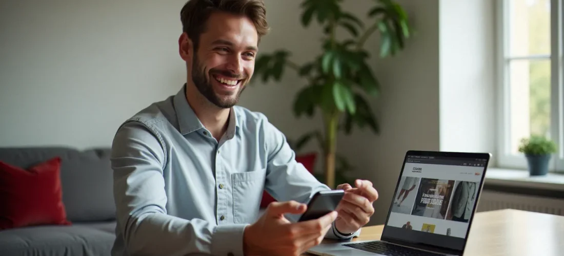 Un homme consultant son code parrainage Veepee sur smartphone devant son ordinateur affichant des ventes privées