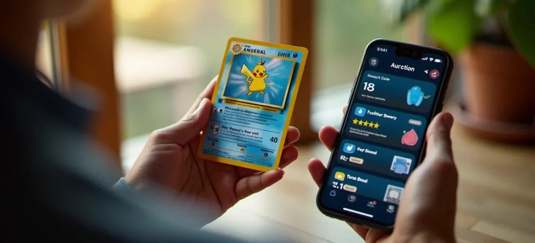 Mains tenant une carte Pokémon holographique devant un smartphone affichant un live de vente en ligne, illustrant l'utilisation d'un code parrainage Voggt