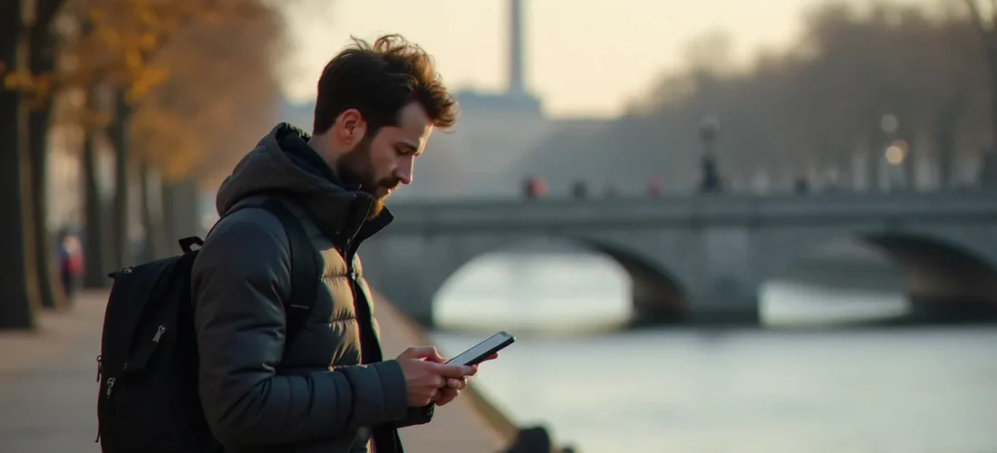 Homme consultant son application de marche récompensée sur smartphone à Paris, illustration du code parrainage WeWard