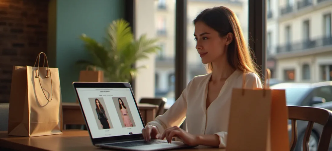 Jeune femme parcourant le site YesStyle sur son ordinateur portable dans un café parisien, illustrant l'utilisation d'un code parrainage YesStyle