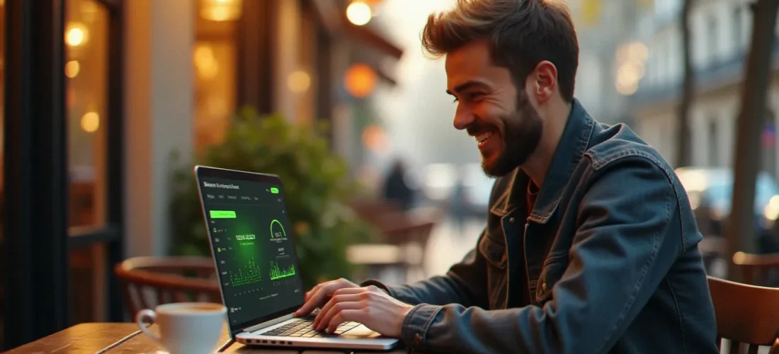 Un homme consultant un tableau de bord de code parrainage youprice sur son ordinateur portable dans un café parisien ensoleillé