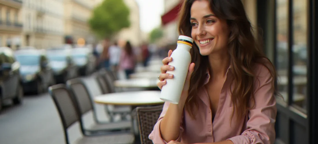 Jeune femme buvant dans une gourde air up avec code promo en terrasse de café parisien, illustrant les économies réalisées grâce à un bon de réduction