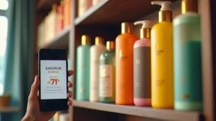 Produits capillaires professionnels sur une étagère de salon avec un téléphone affichant un code promo boutique du coiffeur
