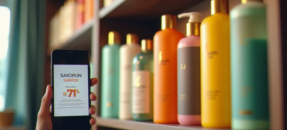 Produits capillaires professionnels sur une étagère de salon avec un téléphone affichant un code promo boutique du coiffeur