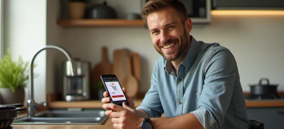 Un homme consultant un code promo Cookut sur son téléphone dans une cuisine parisienne moderne avec des appareils culinaires design