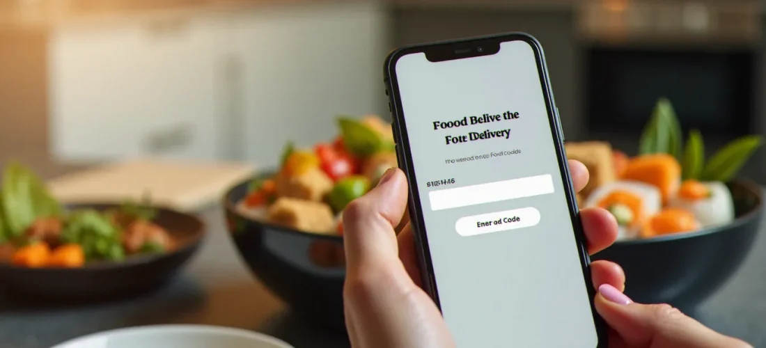 Smartphone affichant un champ de saisie de code promo Deliveroo avec des plats de restaurant en arrière-plan