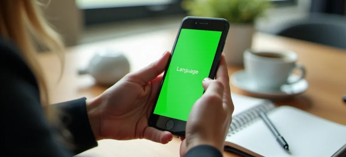 Personne utilisant une application d'apprentissage de langues sur smartphone pour profiter d'un code promo Duolingo