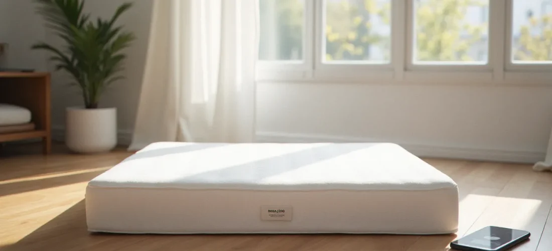 Matelas en boîte Emma livré dans un appartement parisien moderne, avec une notification de code promo visible sur un smartphone posé à côté