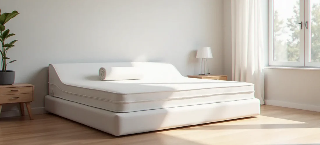Matelas Emma livré en boîte dans une chambre moderne, illustration du code promo Emma Matelas pour un achat en ligne avantageux