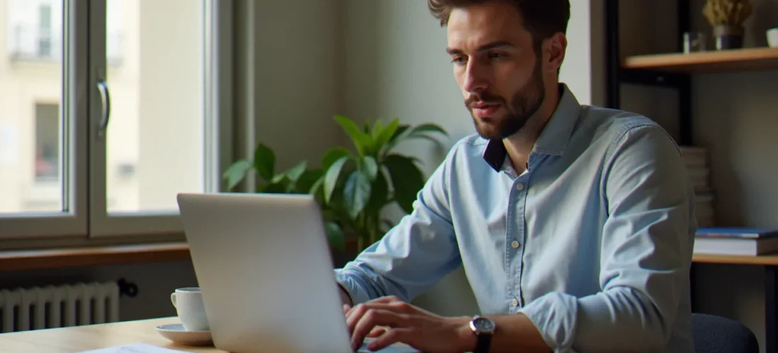 Un homme consultant ses factures d'énergie Engie sur un ordinateur portable à Paris pour trouver un code promo et faire des économies