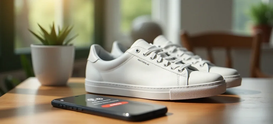 Paire de sneakers éco-responsables style Faguo posée sur une surface en bois avec un téléphone affichant un code promo activé