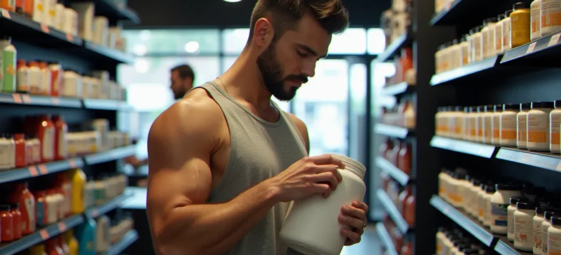 Un homme sportif examinant un pot de protéines dans un magasin de nutrition sportive, illustrant la recherche du meilleur code promo Fitadium avant achat
