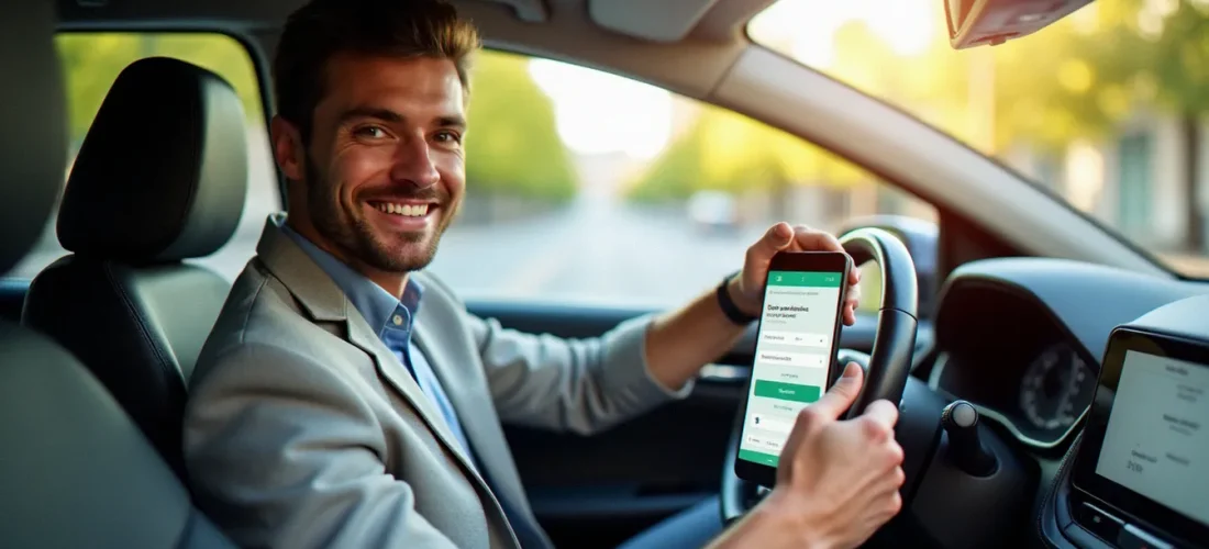 Un homme souriant utilisant son smartphone pour réserver une voiture avec un code promo Getaround dans une rue parisienne