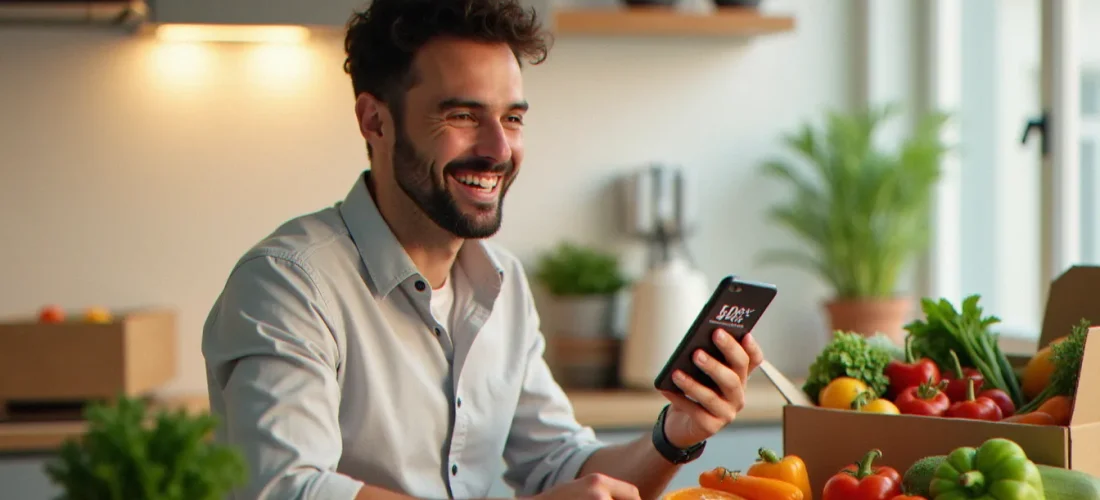 Un homme souriant dans une cuisine parisienne moderne consulte un code promo JOW sur son smartphone, entouré d'ingrédients frais et d'une boîte de kit repas ouverte sur le comptoir