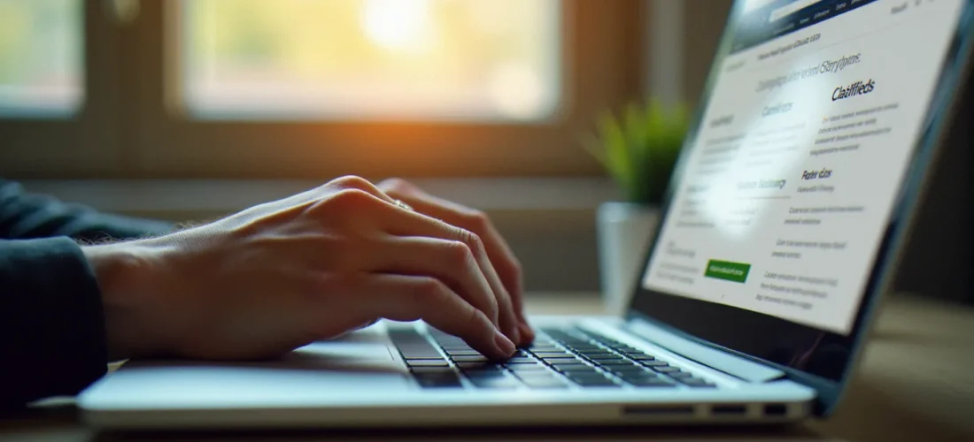 Personne cherchant un code promo Le Bon Coin sur un ordinateur portable, interface de site d'annonces visible à l'écran