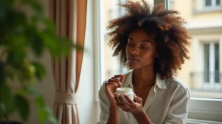 Jeune femme aux cheveux bouclés naturels appliquant une crème capillaire Les Secrets de Loly dans un appartement parisien lumineux