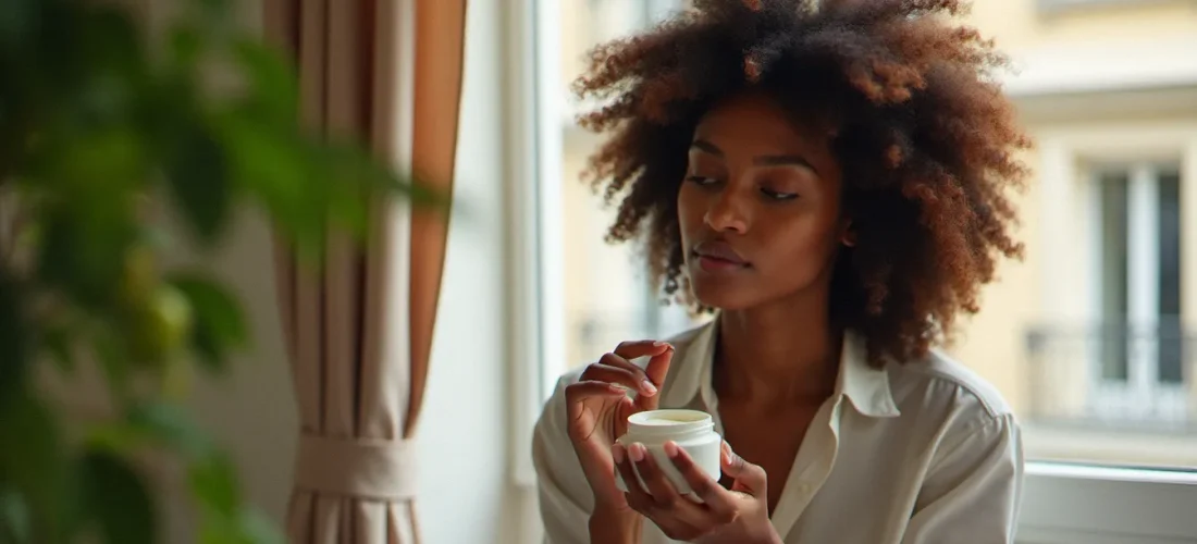 Jeune femme aux cheveux bouclés naturels appliquant une crème capillaire Les Secrets de Loly dans un appartement parisien lumineux