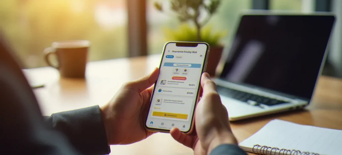 Personne utilisant un smartphone pour comparer des offres d'assurance auto avec un code promo L'Olivier Assurance, à un bureau moderne