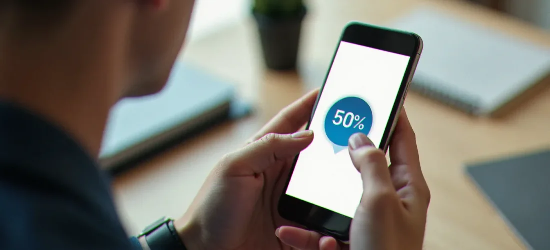Mains tenant un smartphone avec une interface d'abonnement affichant un badge de réduction, illustrant la recherche d'un code promo MYM
