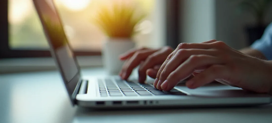 Mains tapant un code promo Naali sur un ordinateur portable posé sur un bureau minimaliste