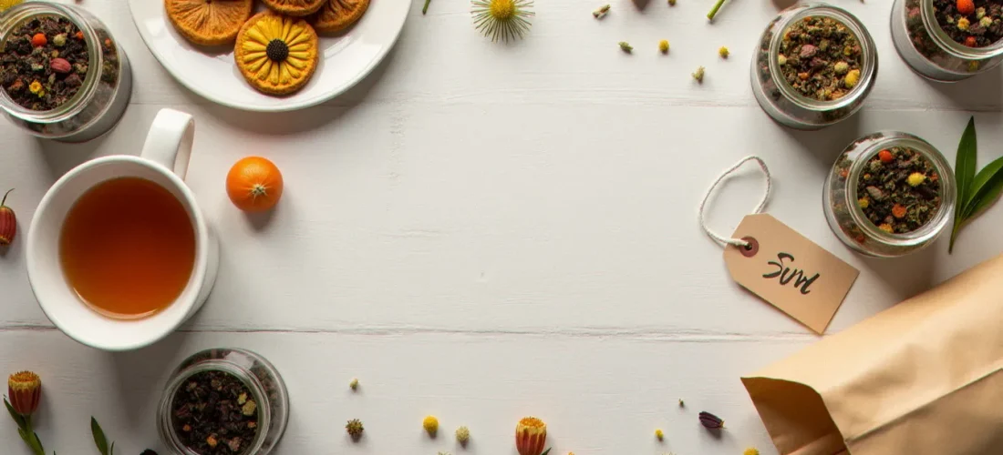 Présentation de thés et infusions premium Panda Tea sur une table en bois clair, avec une étiquette de réduction illustrant un code promo Panda Tea