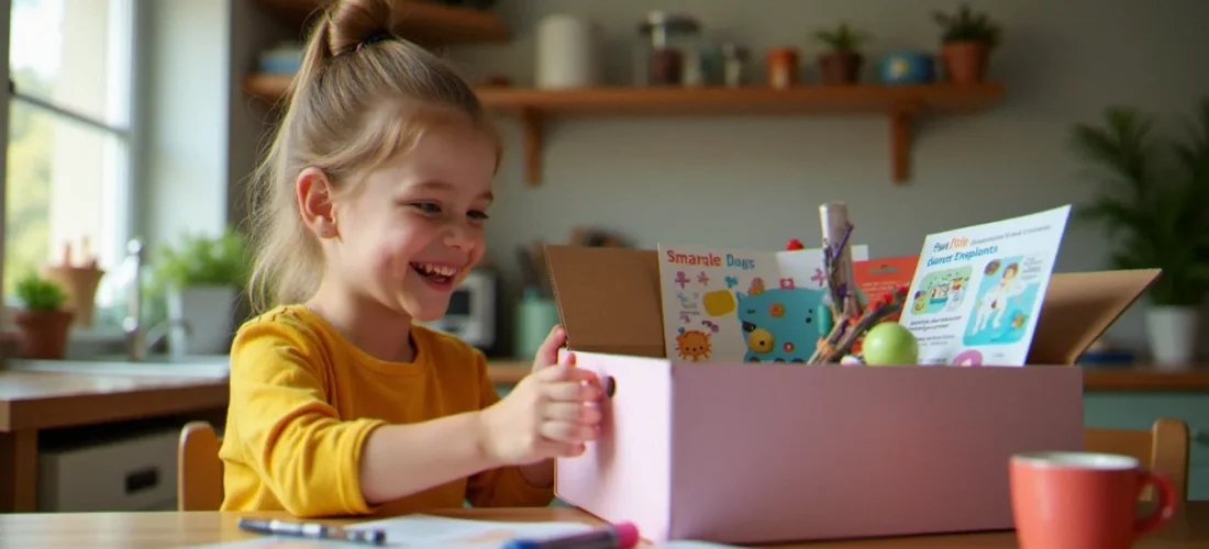 Un enfant souriant qui ouvre une box créative Pandacraft contenant du matériel d'activités et un magazine illustré, posée sur une table en bois dans une cuisine lumineuse
