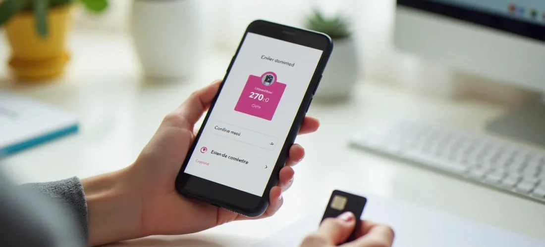 Une main tenant un smartphone affichant une confirmation d'abonnement mobile avec une carte SIM et un code promo Red by SFR sur un bureau blanc