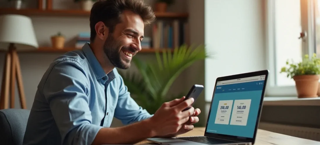 Homme consultant une offre de code promo Red by SFR parrainage sur son smartphone devant un ordinateur portable dans un appartement parisien moderne