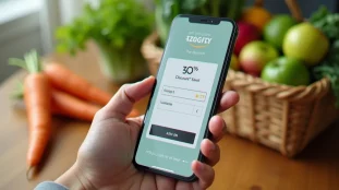 Un téléphone affichant un code promo Shopmium entré dans l'application, posé sur une table en bois entouré d'une box de produits bio frais