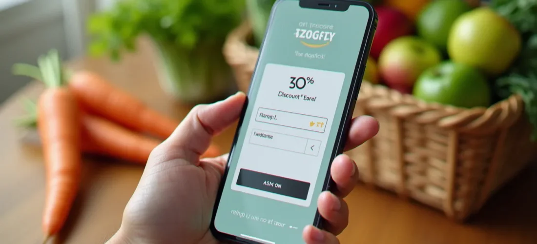 Un téléphone affichant un code promo Shopmium entré dans l'application, posé sur une table en bois entouré d'une box de produits bio frais