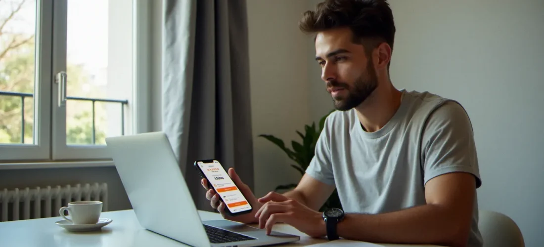 Un homme consultant un code promo Sosh sur son smartphone pour réduire le prix de son forfait mobile