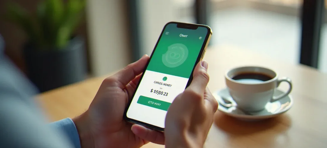 Personne utilisant une application de transfert d'argent sur smartphone pour activer un code promo TapTap Send